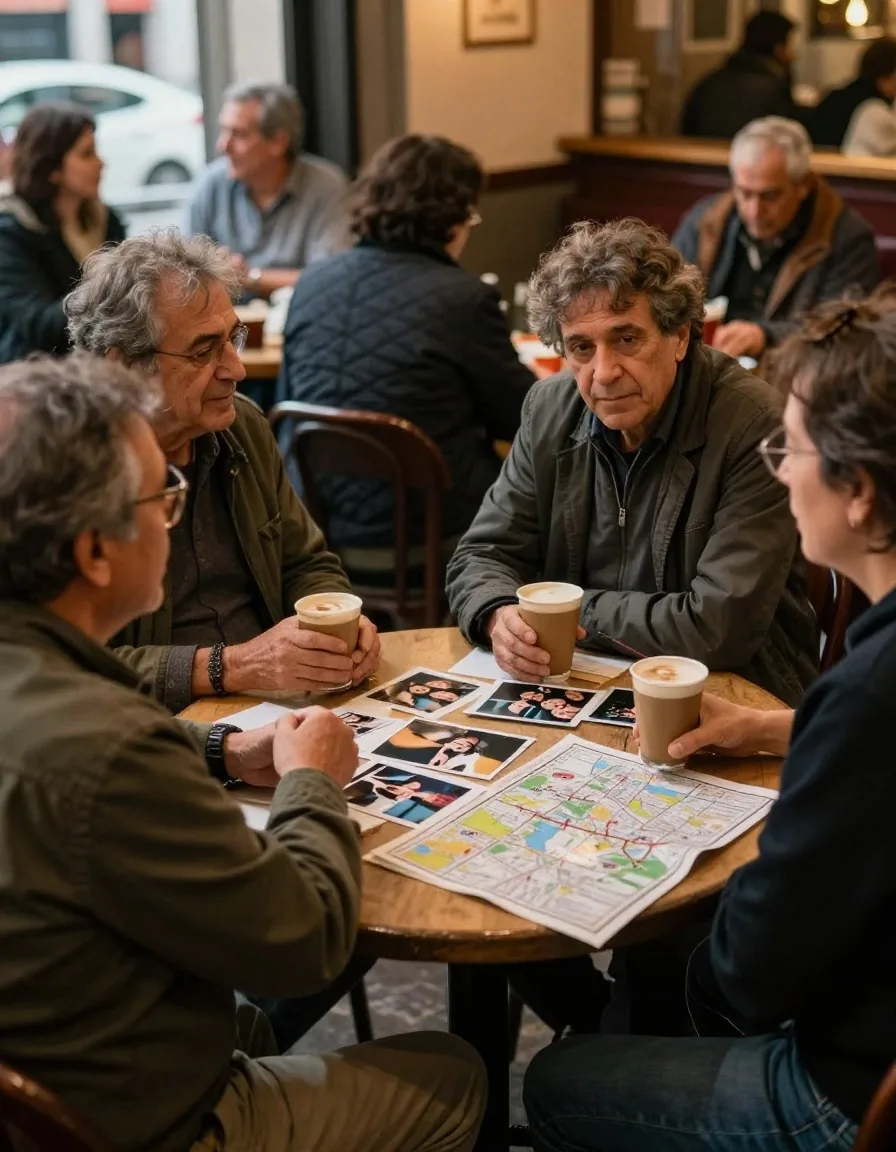 Encuentro de viajeros mayores de 50 en un café de Buenos Aires con fotos de viaje sobre la mesa