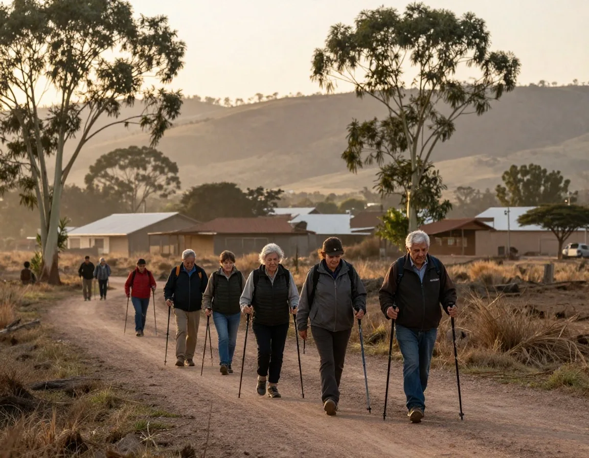 Grupo de caminantes mayores de 50 en un sendero de tierra al borde de una localidad argentina