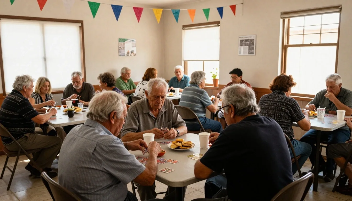 Sala de un club de jubilados con personas mayores de 50 jugando a las cartas y compartiendo la merienda