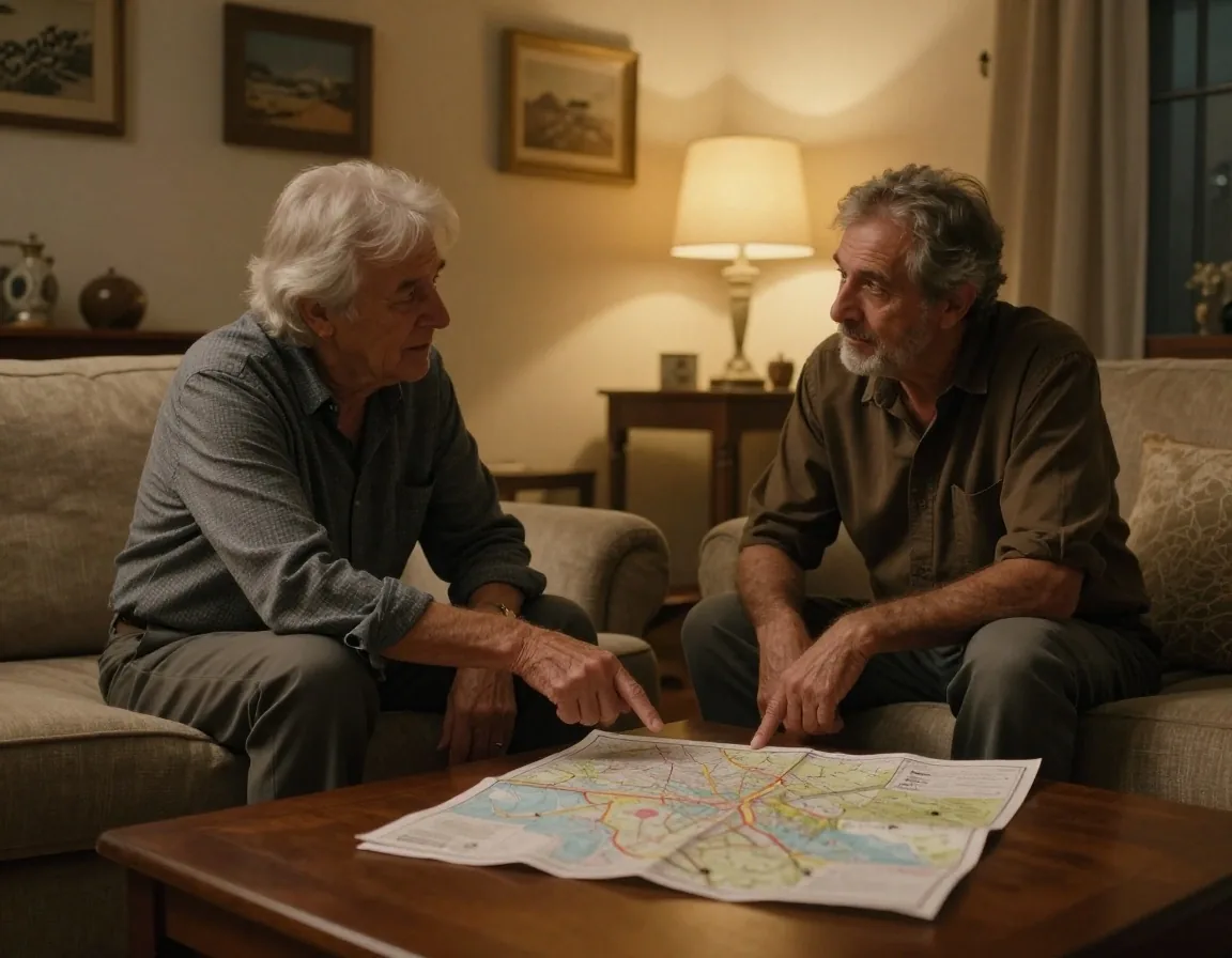Dos personas mayores de cincuenta años conversando alrededor de una mesa larga con un mapa de viaje abierto y una lapicera a mano