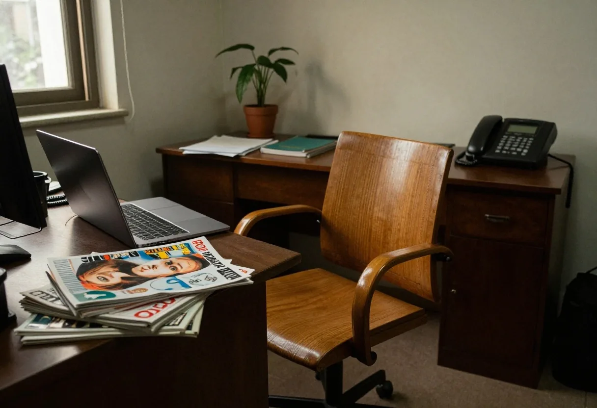 Rincón de una oficina editorial en Buenos Aires con una computadora cerrada, un teléfono fijo y revistas de viajes apiladas