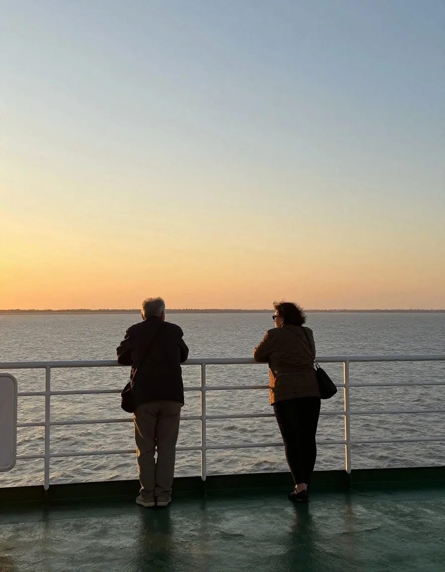 Dos personas mayores de 50 apoyadas en la baranda de un ferry mirando el horizonte al atardecer