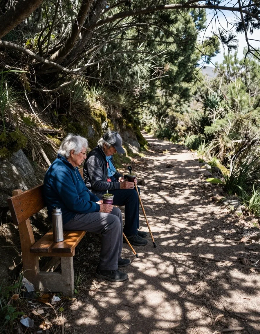 Dos viajeros mayores de 50 caminando por un sendero de baja dificultad en las sierras de Córdoba