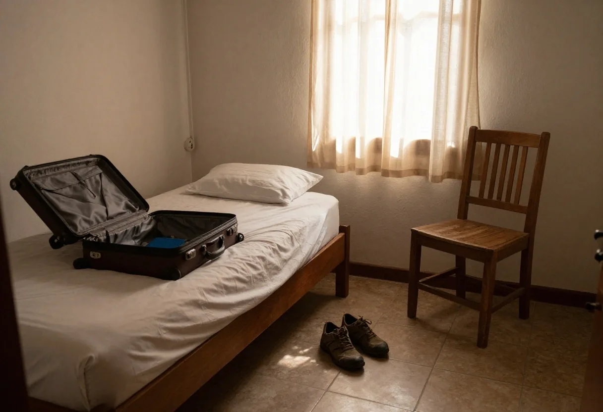 Habitación de hotel en Salta con valija abierta y luz natural de la mañana