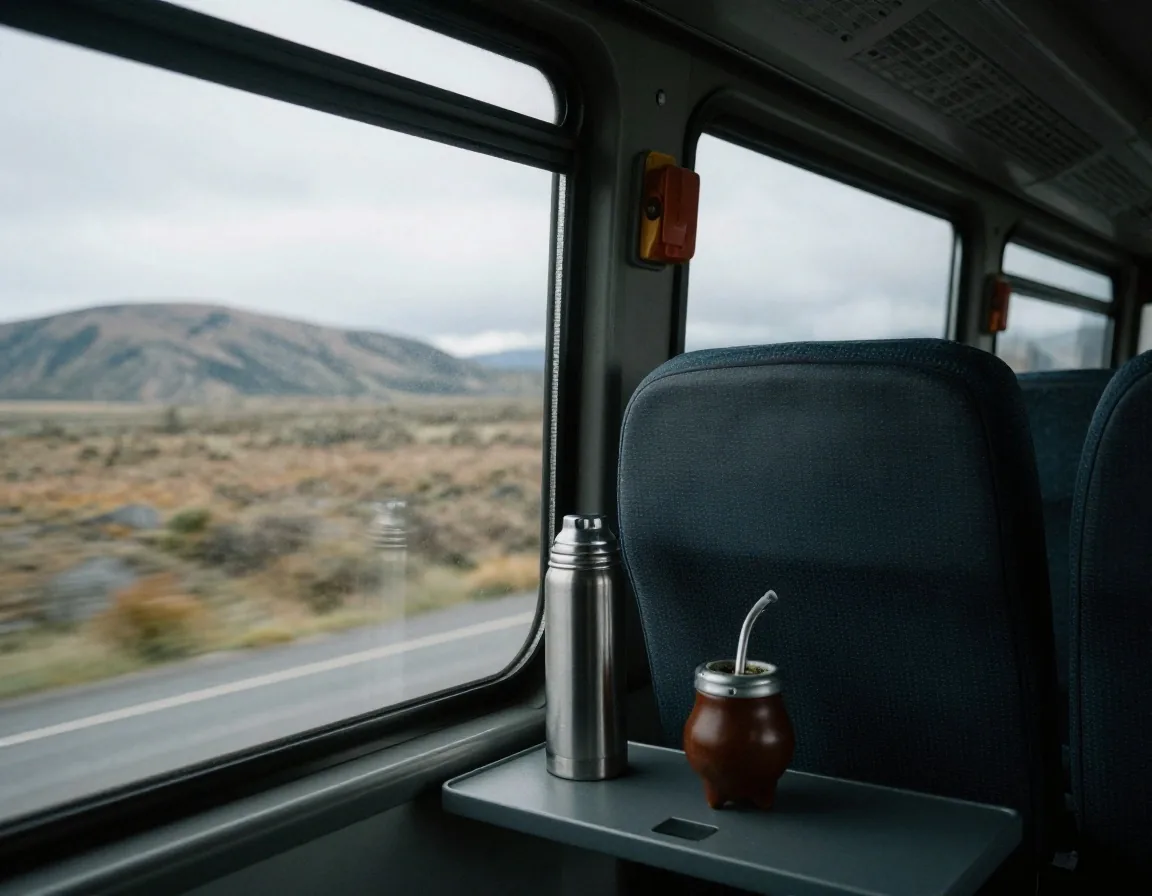 Vista desde la ventanilla de un micro de larga distancia con paisaje patagónico en movimiento