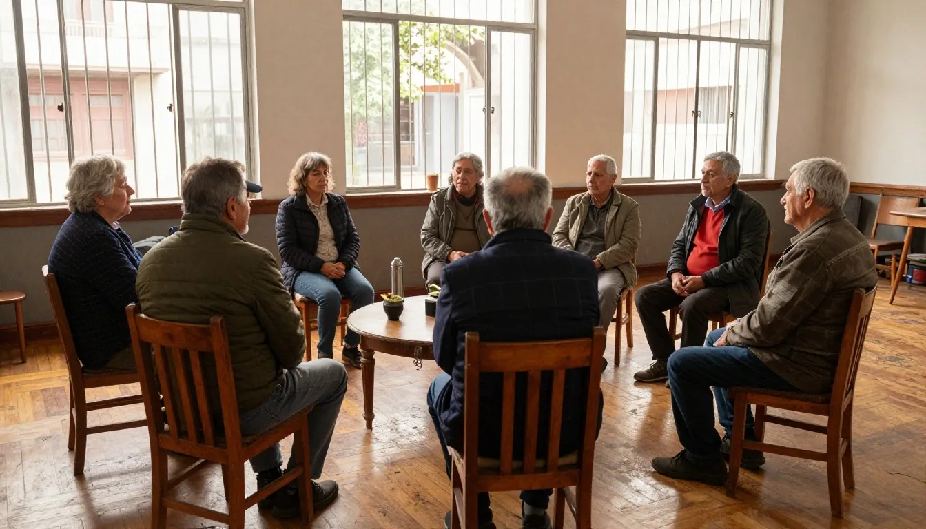 Grupo de personas mayores reunidas en un espacio comunitario de barrio