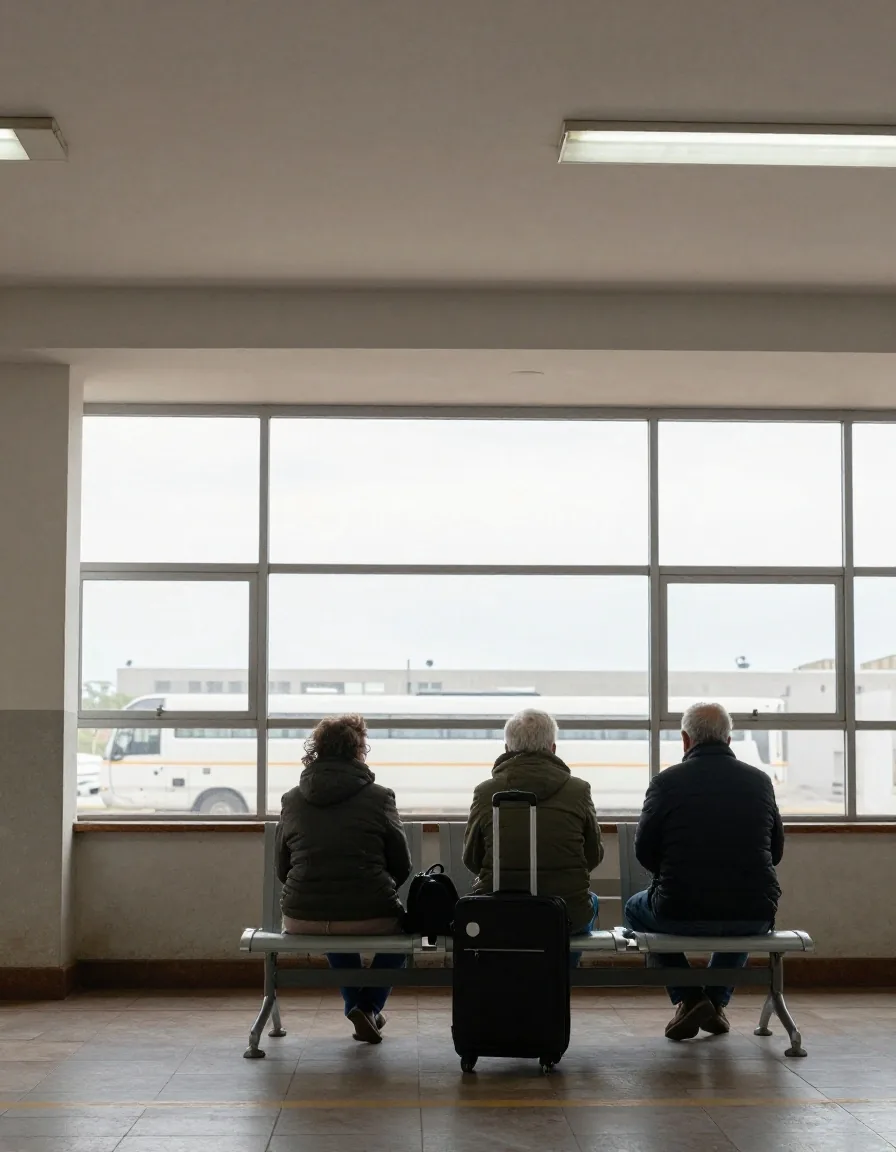 Personas mayores esperando un micro de larga distancia en una terminal argentina