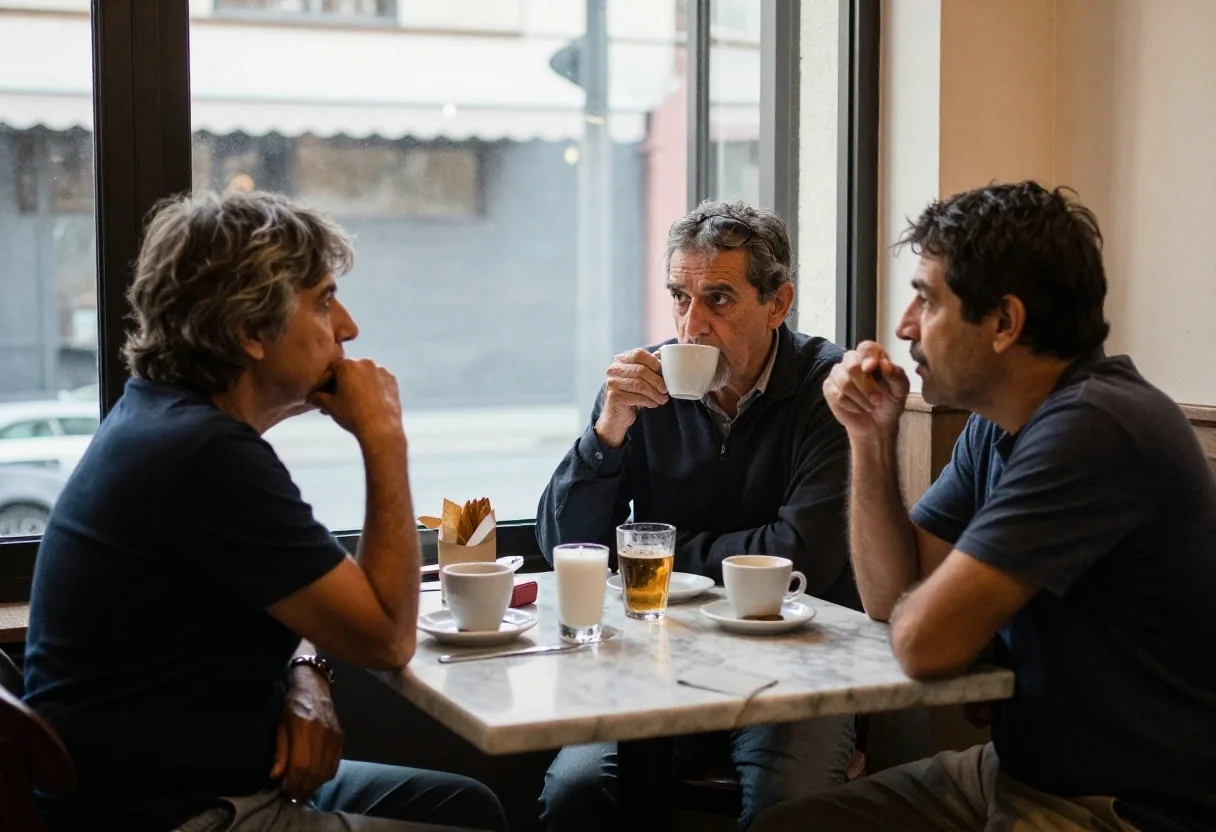 Dos personas mayores conversando en una mesa de café a la tarde