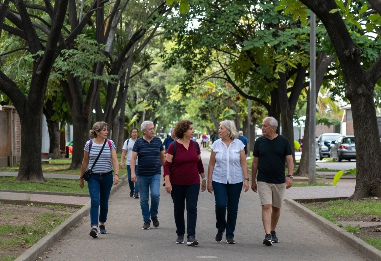 Grupo de personas mayores de cincuenta años caminando por un sendero arbolado a la mañana temprano