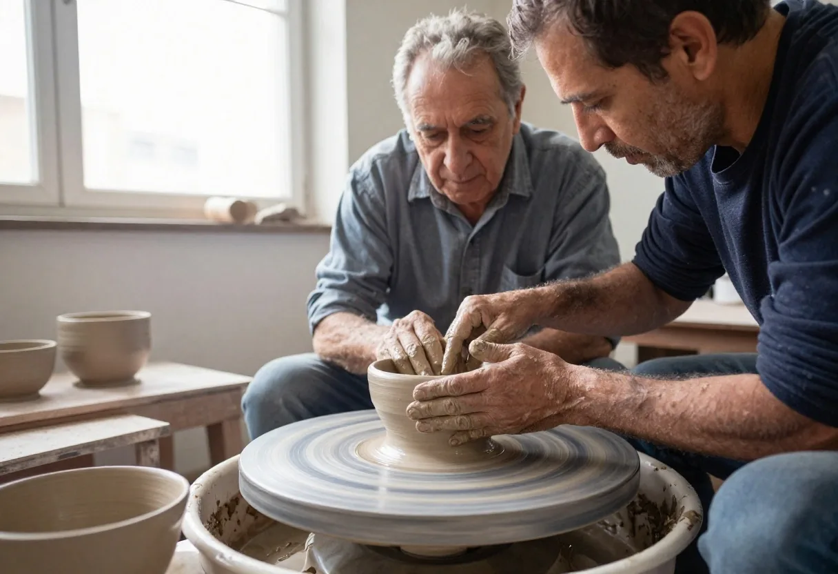 Manos de un hombre mayor dando forma a un cuenco de cerámica en un torno de taller