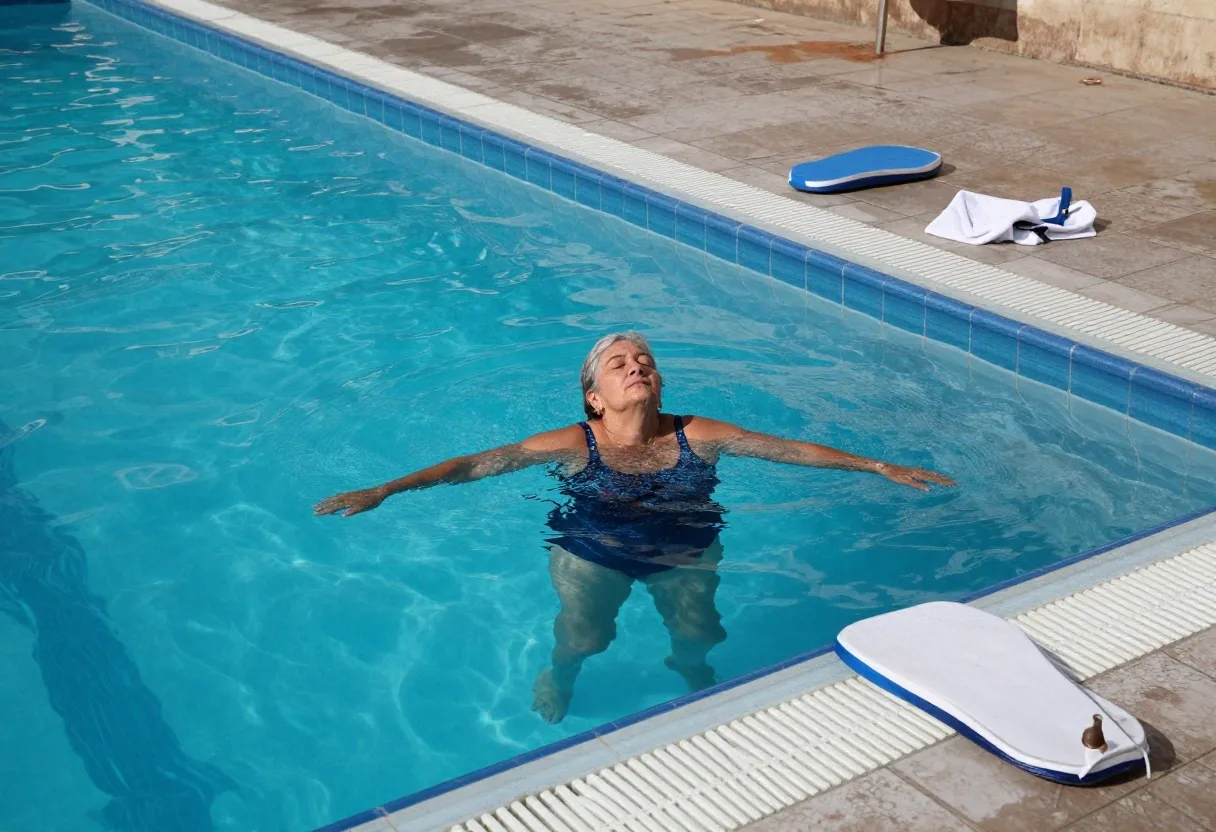 Personas mayores nadando lento en una piscina municipal iluminada por luz de mañana