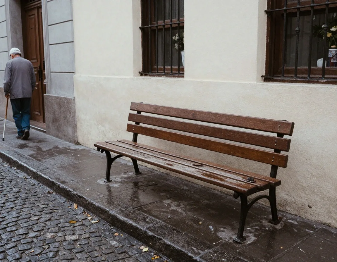 Calle de Buenos Aires temprano por la mañana, con un banco de madera en primer plano