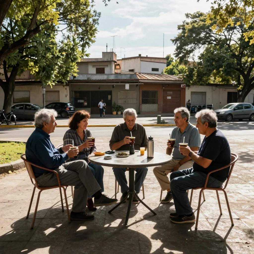 Grupo de personas mayores conversando en una plaza de Palermo