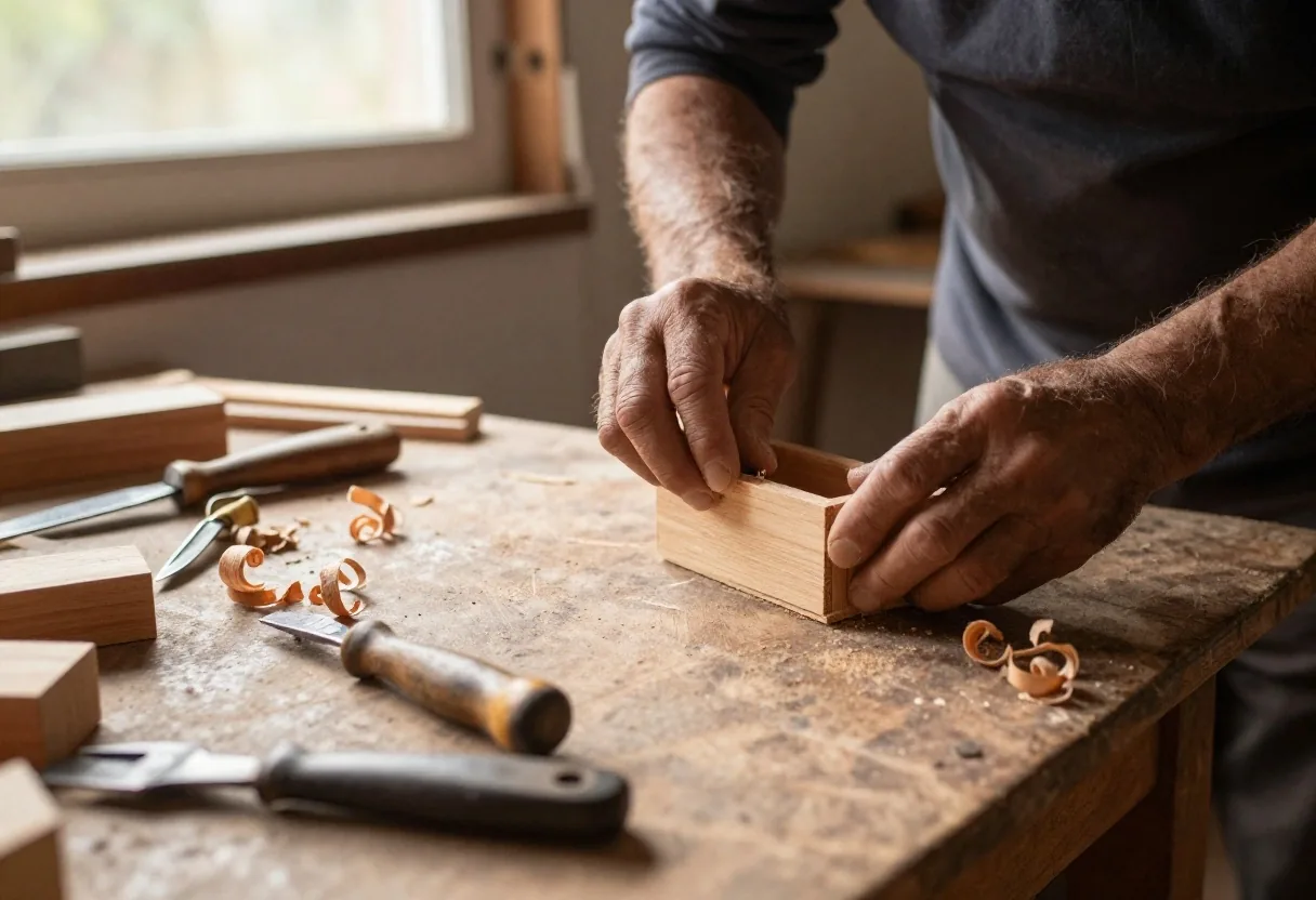 Manos trabajando la madera en un banco de taller comunitario