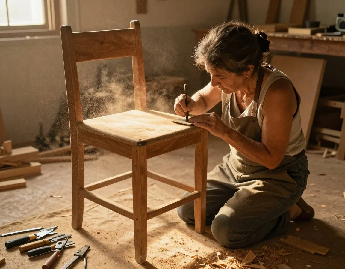 Banco de taller con herramientas de mano y virutas de madera a la luz del día