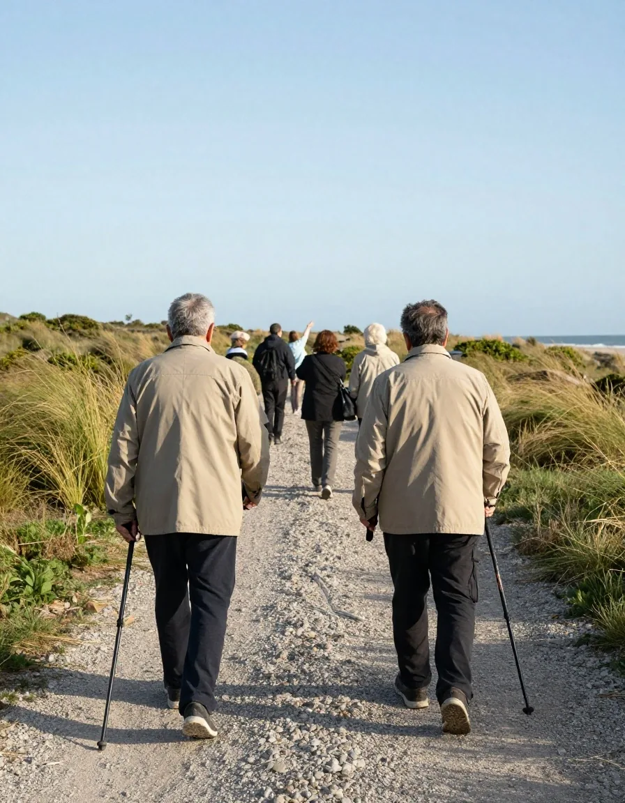Grupo de adultos caminando por un sendero costero de grava en la tarde