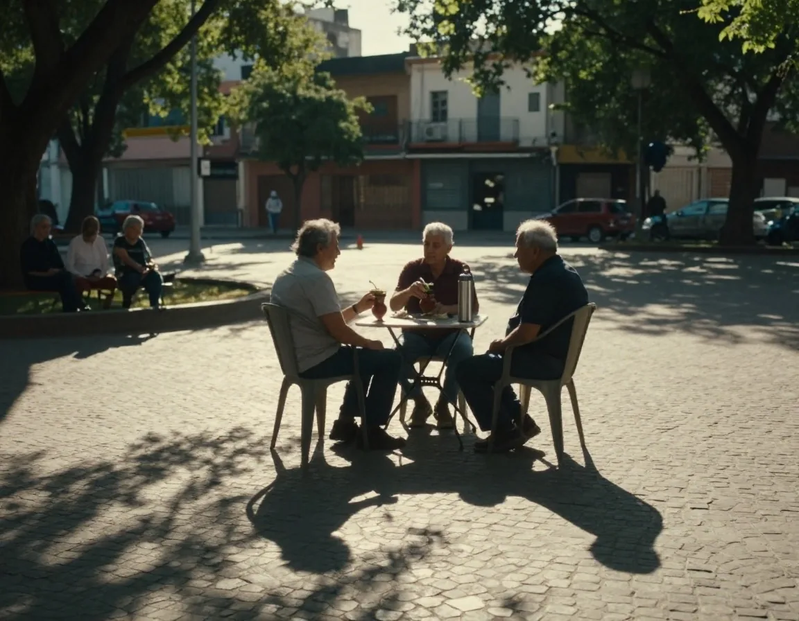 Personas mayores conversando en una mesa de una plaza de barrio por la tarde