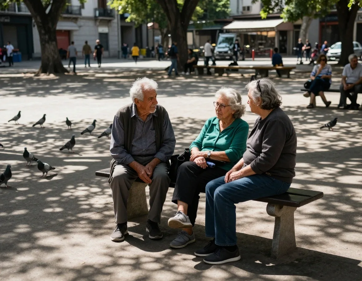 Dos personas mayores conversando en una mesa de café porteño