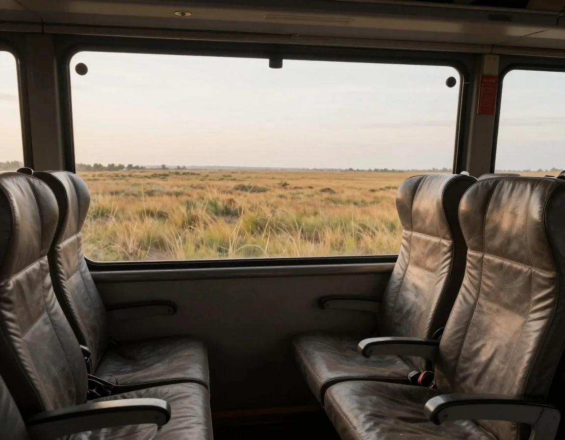 Ventana de un micro de larga distancia con el paisaje de la llanura pasando